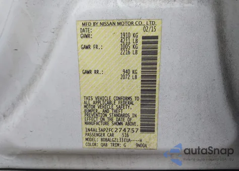 2015 Nissan Altima 2.5/S/Sv/Sl from USA, damaged, VIN 1N4AL3AP2FC274757